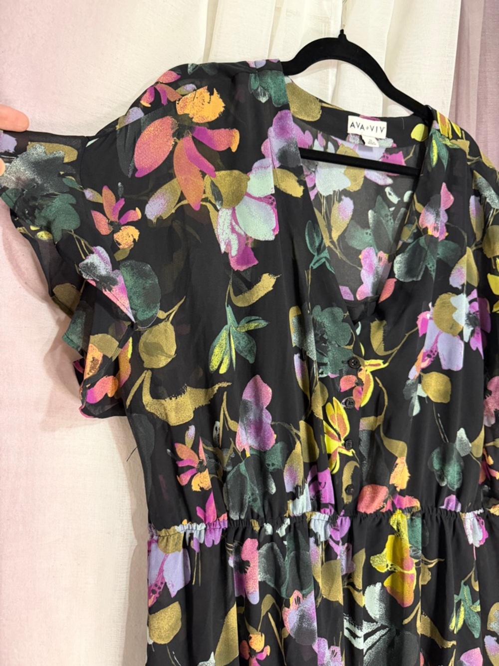 Ava & Viv Black Floral Maxi Dress with Pink, Yellow, Green Accents - Picture 2 of 3